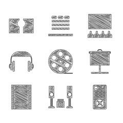 Poster - Set Film reel, Home stereo with two speakers, Remote control, Projection screen, Play Video, Headphones, Cinema auditorium and Stacks paper money cash icon. Vector