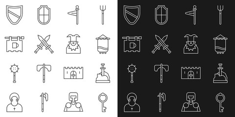 Sticker - Set line Old key, Sword in the stone, Medieval flag, Crossed medieval sword, Street signboard with Bar, Shield and Joker head icon. Vector