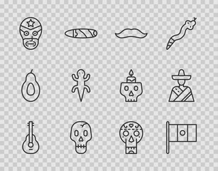 Canvas Print - Set line Mexican guitar, Mexico flag, Mustache, Skull, wrestler, Lizard, skull and man sombrero icon. Vector