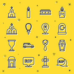 Poster - Set line Speech bubble rip death, Coffin with cross, Muslim cemetery, Christian on chain, Church building, and icon. Vector