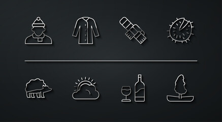 Sticker - Set line Autumn clothes, Hedgehog, Chestnut, Wine bottle with glass, Sun and cloud weather, Raincoat, Tree and Winter scarf icon. Vector