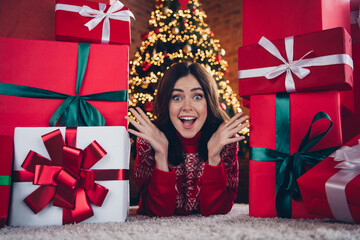 Sticker - Portrait of astonished overjoyed lady laying carpet floor open mouth unbelievable pile stack giftbox newyear house indoors