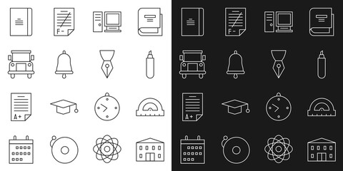 Poster - Set line School building, Protractor, Marker pen, Computer monitor, Ringing bell, Bus, Spiral notebook and Fountain nib icon. Vector