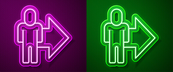 Sticker - Glowing neon line Leader of a team of executives icon isolated on purple and green background. Vector