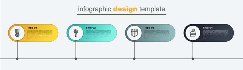 Sticker - Set line Cake, Shield with stars, Torch flame and Medal. Business infographic template. Vector