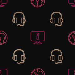 Poster - Set line Telephone 24 hours support, Headphones and Information on seamless pattern. Vector