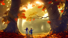 Family Playing In Autumn, Autumn Leaves, Having Fun In Nature,  Cinematic, Dramatic, Sense Of Awe, Composition, Bright Light, Photo Realistic Illustration.