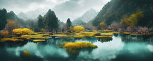 Mysterious Mountain Lake With Turquoise Water In The Autumn Day. Zen Lake. Beautiful Reflection Of Mountains And Autumn Foliage Panoramic View Of Mountain Lake. 