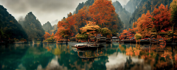 Mysterious mountain lake with turquoise water in the autumn day. Zen lake. Beautiful reflection of mountains and autumn foliage Panoramic view of mountain lake. 