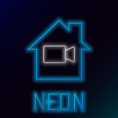 Poster - Glowing neon line Video camera Off in home icon isolated on black background. No video. Colorful outline concept. Vector