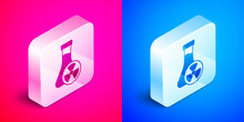 Isometric Laboratory Chemical Beaker With Toxic Liquid Icon Isolated On Pink And Blue Background. Biohazard Symbol. Dangerous Symbol With Radiation Icon. Silver Square Button. Vector