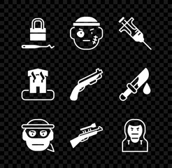 Poster - Set Lock picks for lock picking, Bandit, Syringe, Sniper rifle with scope, Thief mask, Arson home and Police shotgun icon. Vector