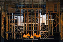 The Abstract Yellow Metal Constructions With Black Background On The Theater Stage