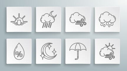 Poster - Set line Water drop percentage, Cloud with rain and moon, Moon stars, Classic elegant opened umbrella, Windy weather, and Sunset icon. Vector