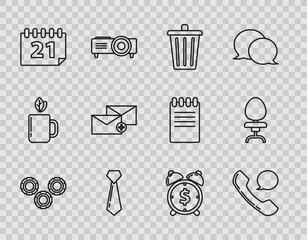 Poster - Set line Gear, Telephone handset and speech bubble chat, Trash can, Tie, Calendar, Envelope, Alarm clock with dollar symbol and Office chair icon. Vector