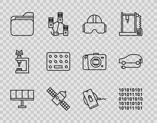 Sticker - Set line Solar energy panel, Binary code, Virtual reality glasses, Satellite, Document folder, Pills blister pack, Wireless charger and Electric car icon. Vector