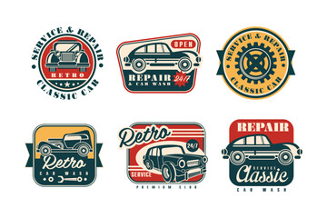 Canvas Print - Auto Service and Repair Badges with Retro Car Vector Set