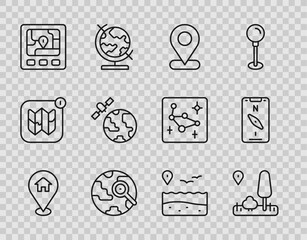 Sticker - Set line Location with house, City map navigation, Magnifying glass globe, Gps device, Satellites orbiting the planet, beach and Compass mobile icon. Vector