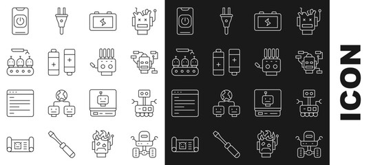 Poster - Set line Mars rover, Robot, Battery, Industrial production of robots, Turn off from phone and Mechanical hand icon. Vector