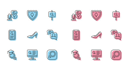Set line Teacher, Dating app, Microphone, Male gender, Woman shoe, Gender equality, and shield, Female icon. Vector