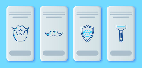 Sticker - Set line Mustache, and beard on shield, and Shaving razor icon. Vector