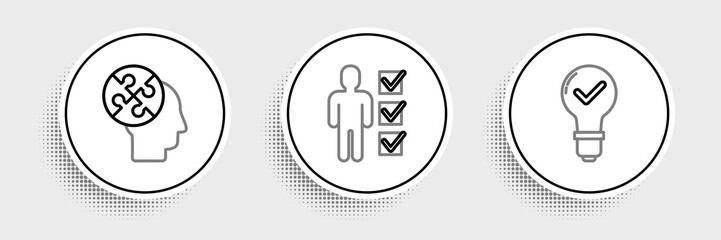 Poster - set line light bulb and check mark, human head puzzles strategy and user of in business suit icon. v