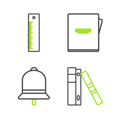 Sticker - Set line Office folders with papers and documents, Ringing bell, Notebook and Ruler icon. Vector