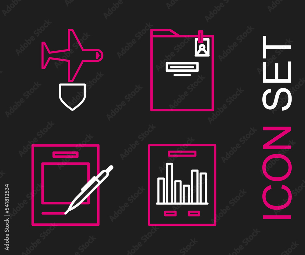 Set line Document with graph chart, Blank notebook and pen, Personal ...