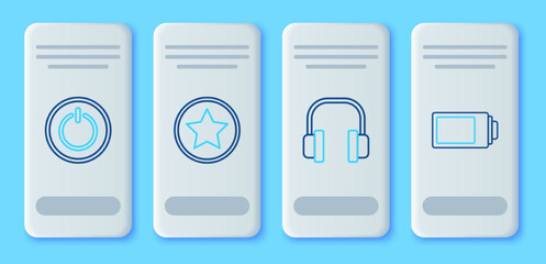 Poster - Set line Star, Headphones, Power button and Battery charge level indicator icon. Vector