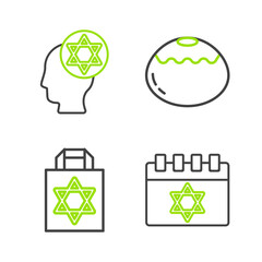 Sticker - Set line Jewish calendar, Shopping bag with star of david, sweet bakery and Orthodox jewish hat icon. Vector