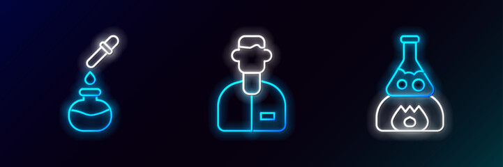 Wall Mural - Set line Test tube flask on fire, and and Laboratory assistant icon. Glowing neon. Vector