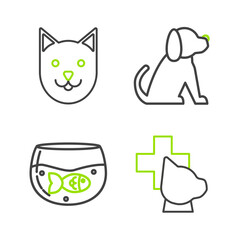 Poster - Set line Veterinary clinic symbol, Aquarium with fish, Dog and Cat icon. Vector