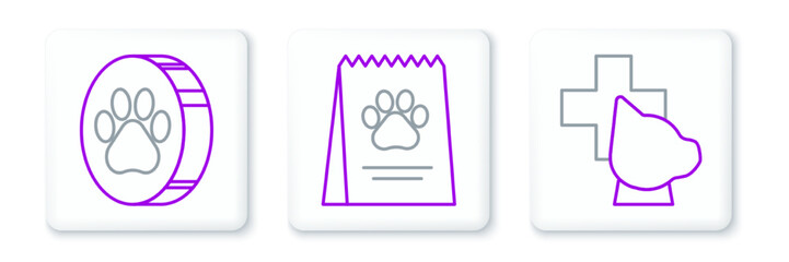 Sticker - Set line Veterinary clinic symbol, Paw print and Bag of food for dog icon. Vector