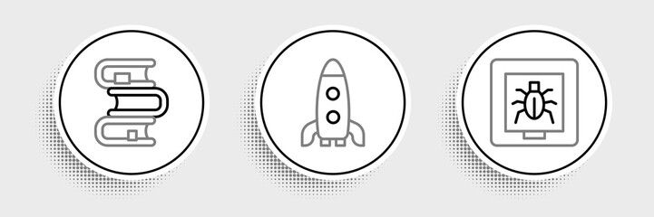 Poster - Set line Insects in a frame, Book and Rocket ship icon. Vector