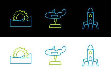 Poster - Set line Rocket ship, Ferris wheel and Swing plane icon. Vector