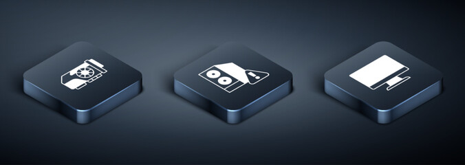 Poster - Set Isometric Video graphic card, Computer monitor screen and Case of computer icon. Vector
