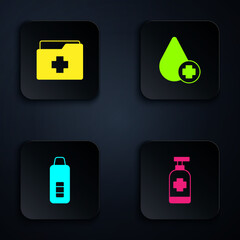 Poster - Set Antibacterial soap, Patient record, Digital thermometer and Donate drop blood. Black square button. Vector