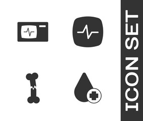 Poster - Set Donate drop blood, Monitor with cardiogram, Human broken bone and Heart rate icon. Vector