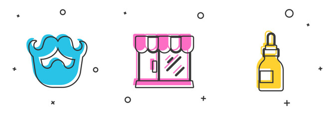 Sticker - Set Mustache and beard, Barbershop building and Oil bottle icon. Vector