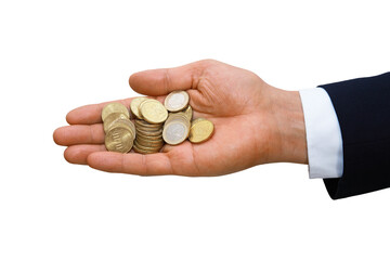 Wall Mural - gesture series: man holding euro coins in hand.