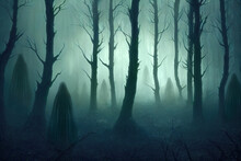 Creepy Silhouettes Of Ghosts And Evil Spirits In Foggy Forest At Night, Horror Story Atmosphere, Generative AI Illustration