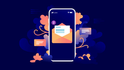 Leinwandbilder - Phone email - Smartphone screen with e-mail envelope and decorative floral design elements. Vector illustration with dark background