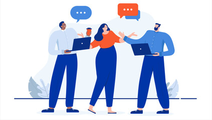 Fototapete - Office conversation - Team of people talking and having dialogue with speech bubbles smiling. Flat design cartoon vector illustration with white background