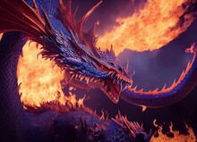 Spectacular Mythical Legendary Creature, Fantasy Blue Fire Dragon It The Form Of Chinese Dragon. Blue Lung Dragon With Flame In The Background. Digital Art 3D Illustration.