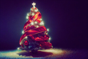 Beautiful decorated Christmas tree on blurred background, with baubles, bows, star, lights, gift boxes, space for text