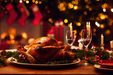 Wall Mural - Juicy and tasty roast turkey on plate with Christmas decoration