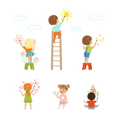 Sticker - Cheerful Boy and Girl Drawing with Paint Brush on the Wall Vector Set