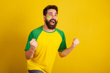 Caucasian Man With Beard, Brazilian, Soccer Fan From Brazil, Celebrating, Yes! Wow! Victory.