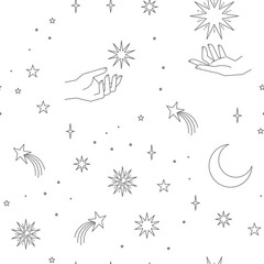 Wall Mural - Seamless pattern with constellations. Sun, moon, magic hands and stars. Mystical esoteric background for design. Astrology magical vector.