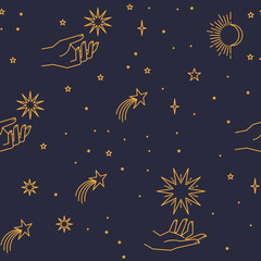 Wall Mural - Seamless pattern with constellations. Sun, moon, magic hands and stars. Mystical esoteric background for design. Astrology magical vector.